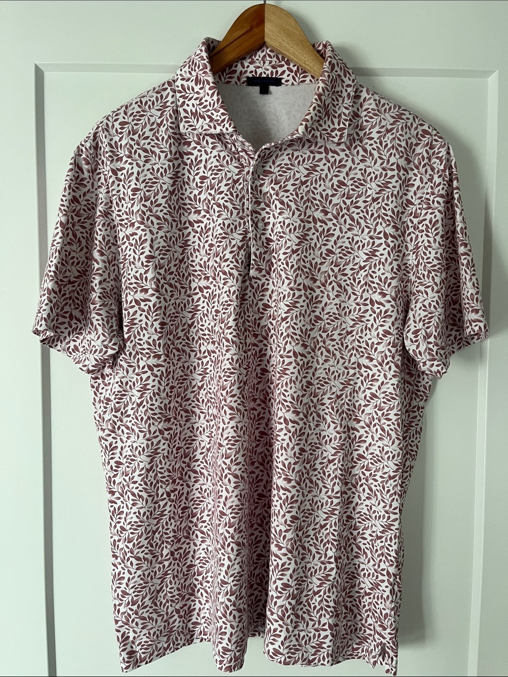 Patrick Assaraf Men's Short-Sleeve Polo in White with Burgundy Leaf Print.